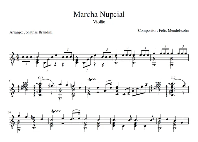 Capa da partitura da Marcha Nupcial arranjada para violão